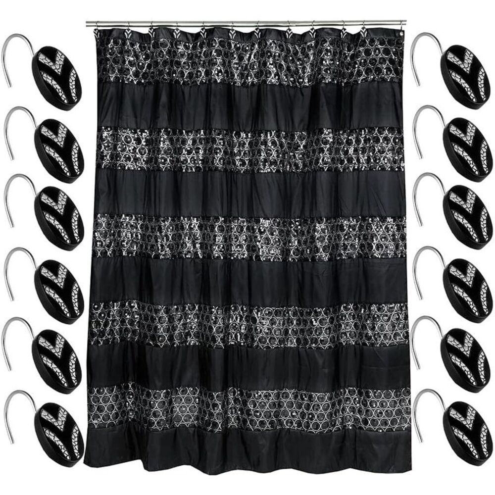 Popular Bath Sinatra Bath Set, Shower Curtain with 12 Shower Hooks, Black
